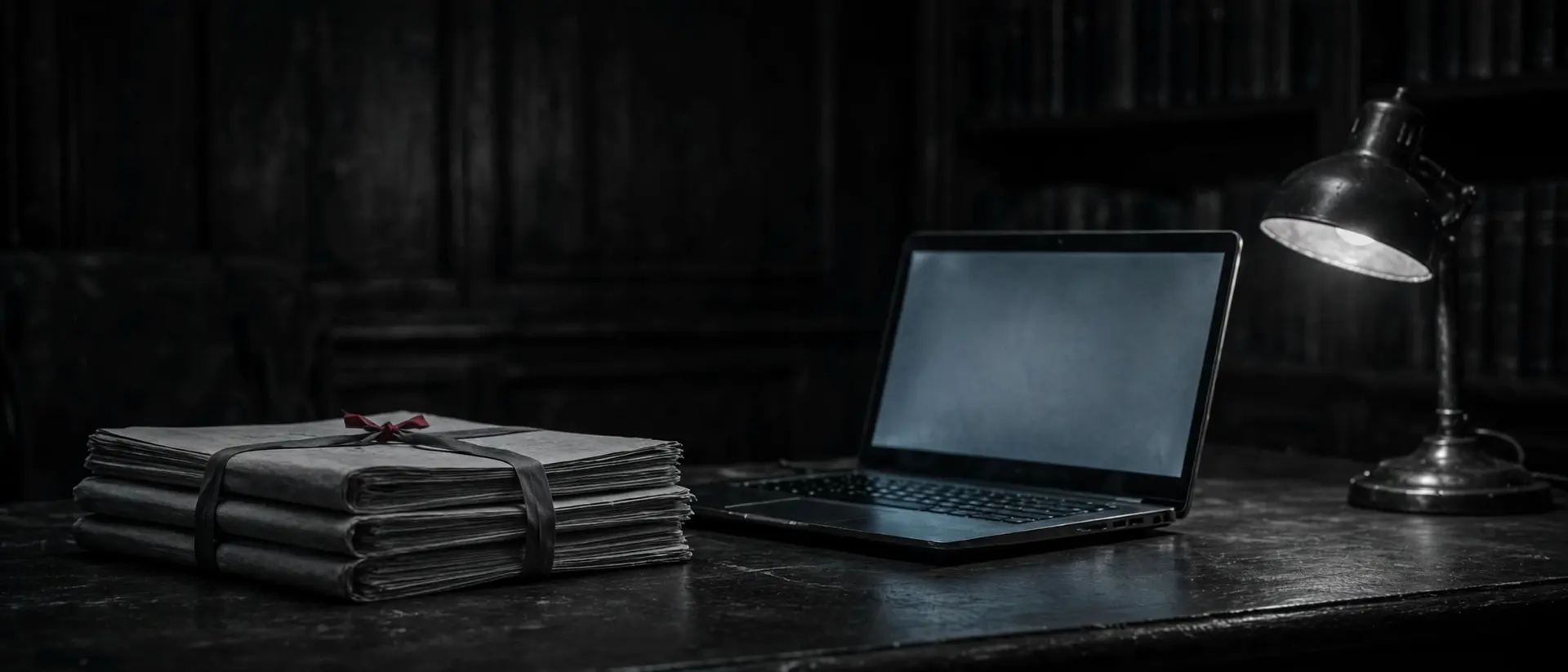 A lawyer's desk late at night: tied case files, an open laptop, one lamp, nobody in frame.