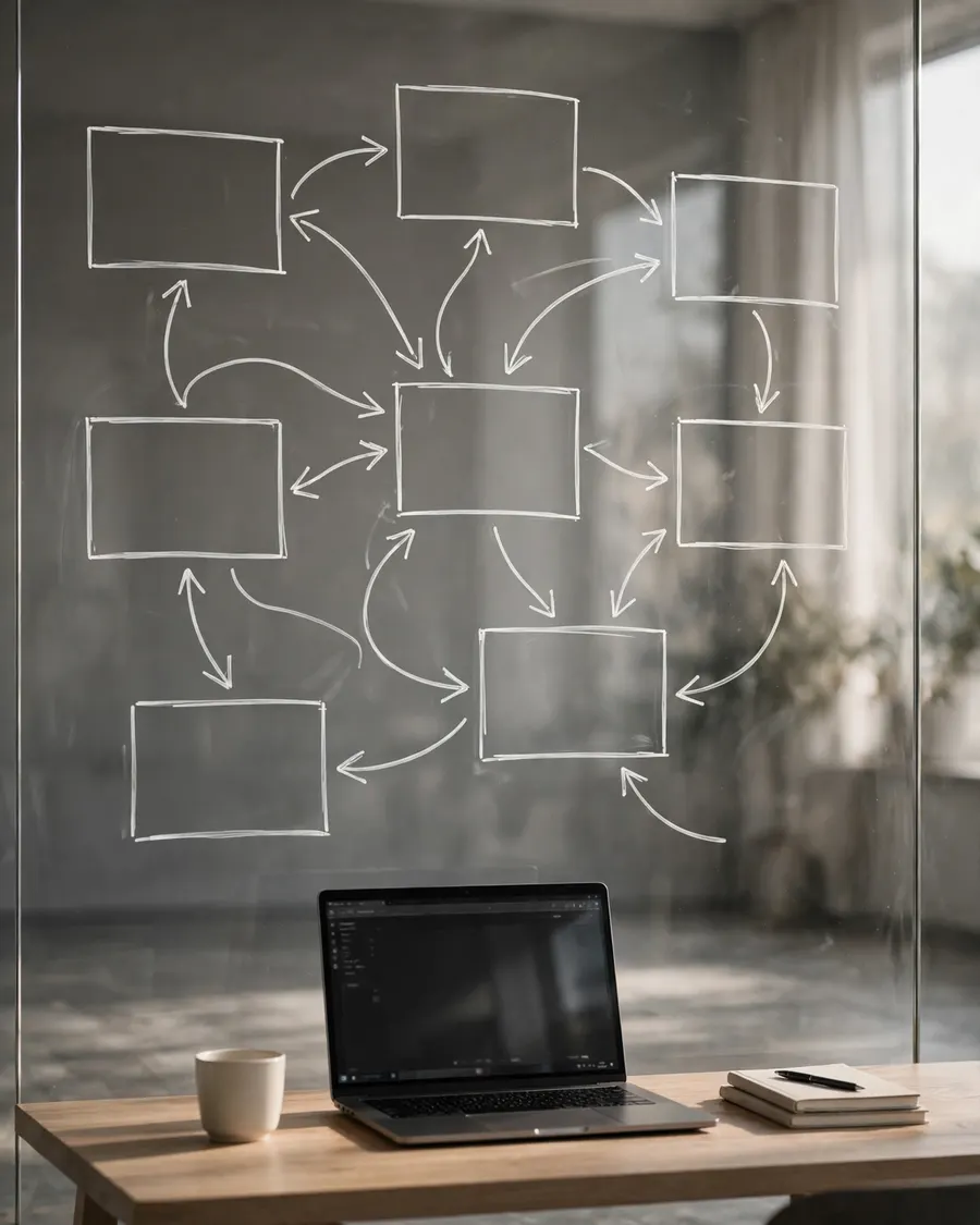 A glass wall covered in a hand-drawn strategy map above a desk with an open laptop.