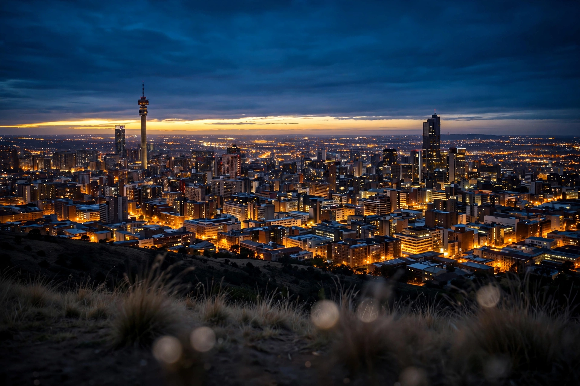 Johannesburg at blue hour from a hill, city lights coming on beneath a last band of gold on the horizon.