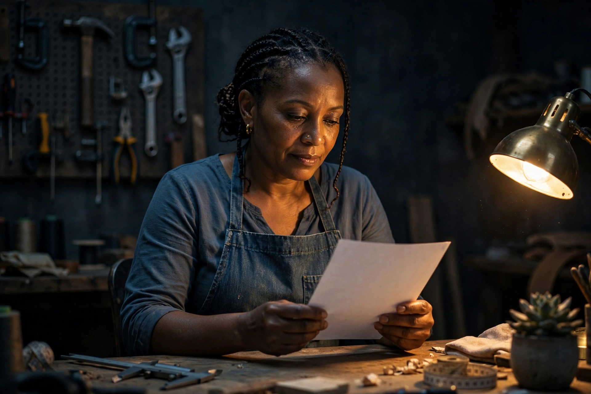 A small business owner reading a single sheet of paper at her workshop desk after hours, lit by a warm lamp.
