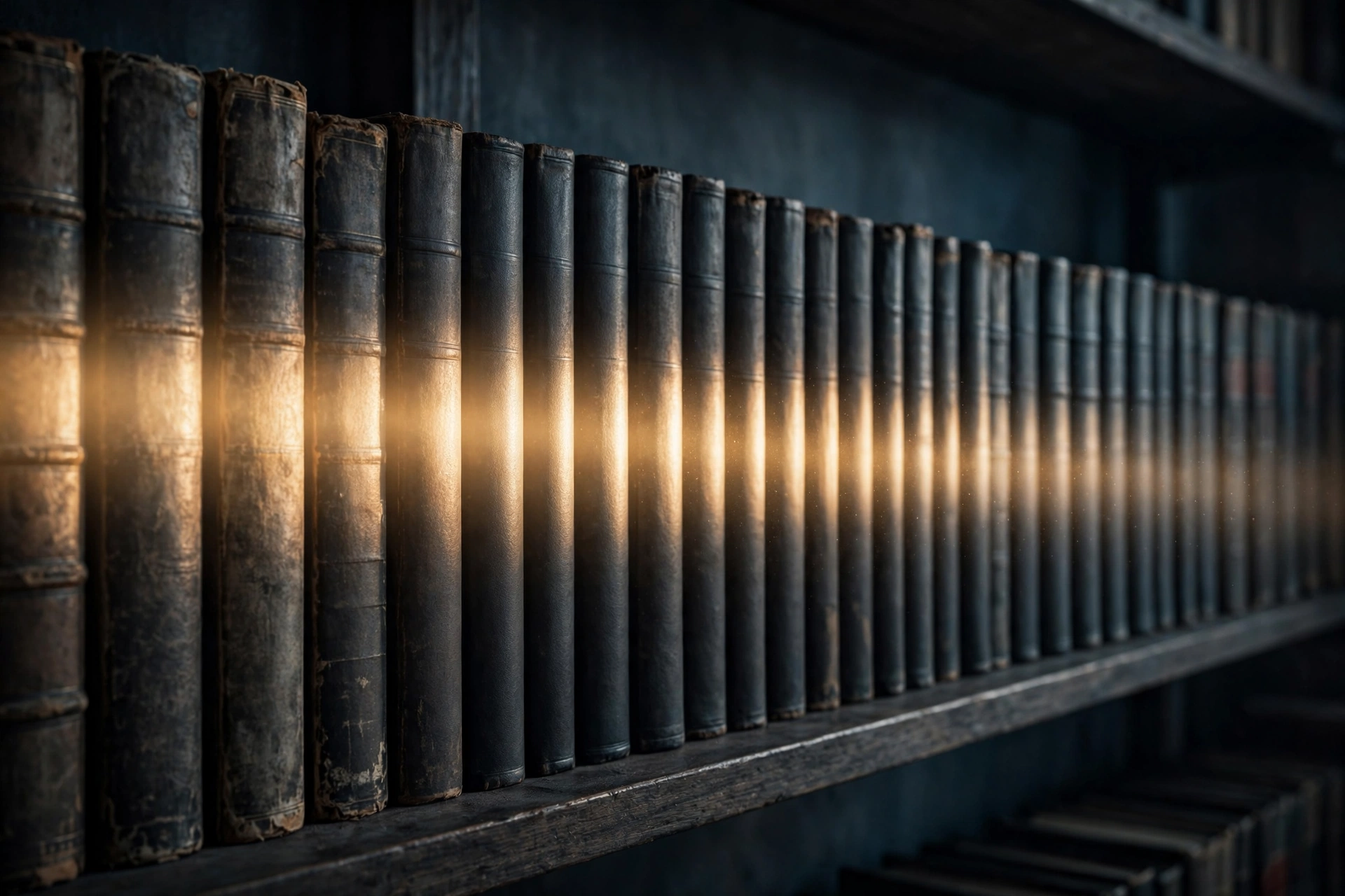 A long shelf of the same bound volume in successive editions, a beam of gold light travelling along the spines.