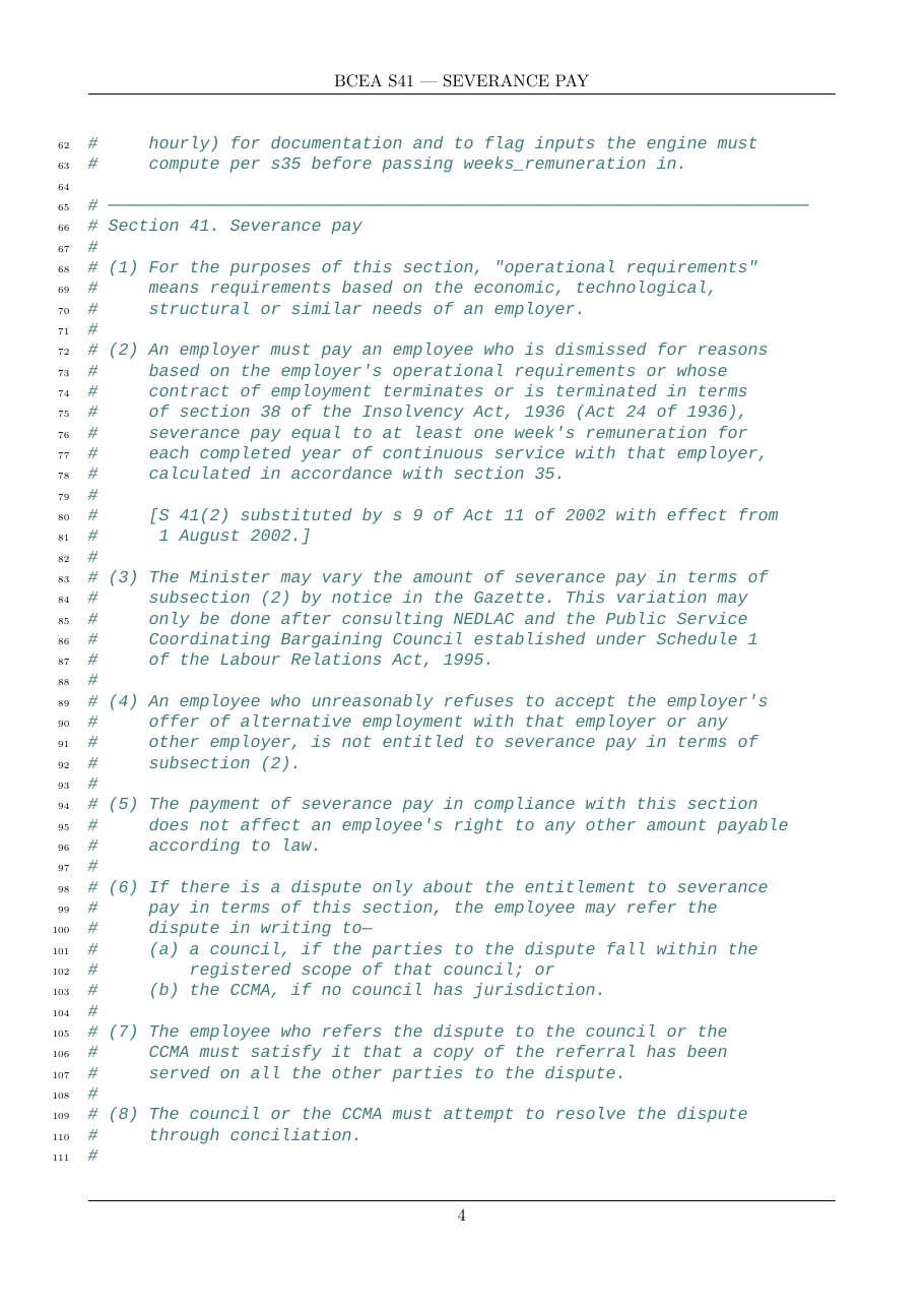 A page from the Certus Logic audit document for BCEA section 41, statutory text beside the executable rule.