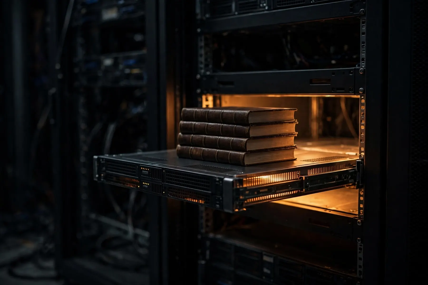 A server blade drawn halfway out of a dark rack, lit from within, with a stack of bound statute books resting on it.