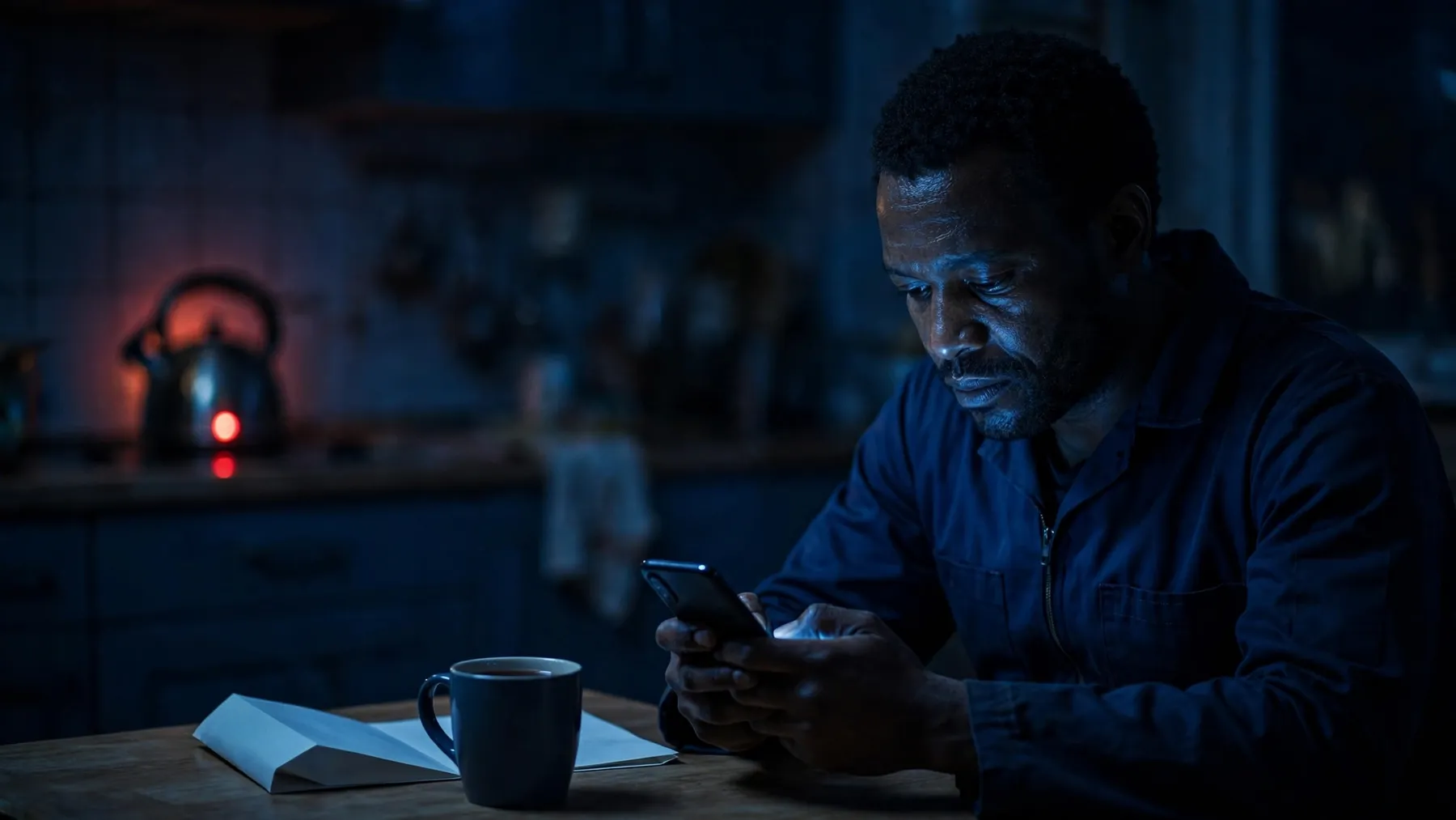 A worker in navy overalls at a kitchen table late at night, reading his phone beside a folded letter