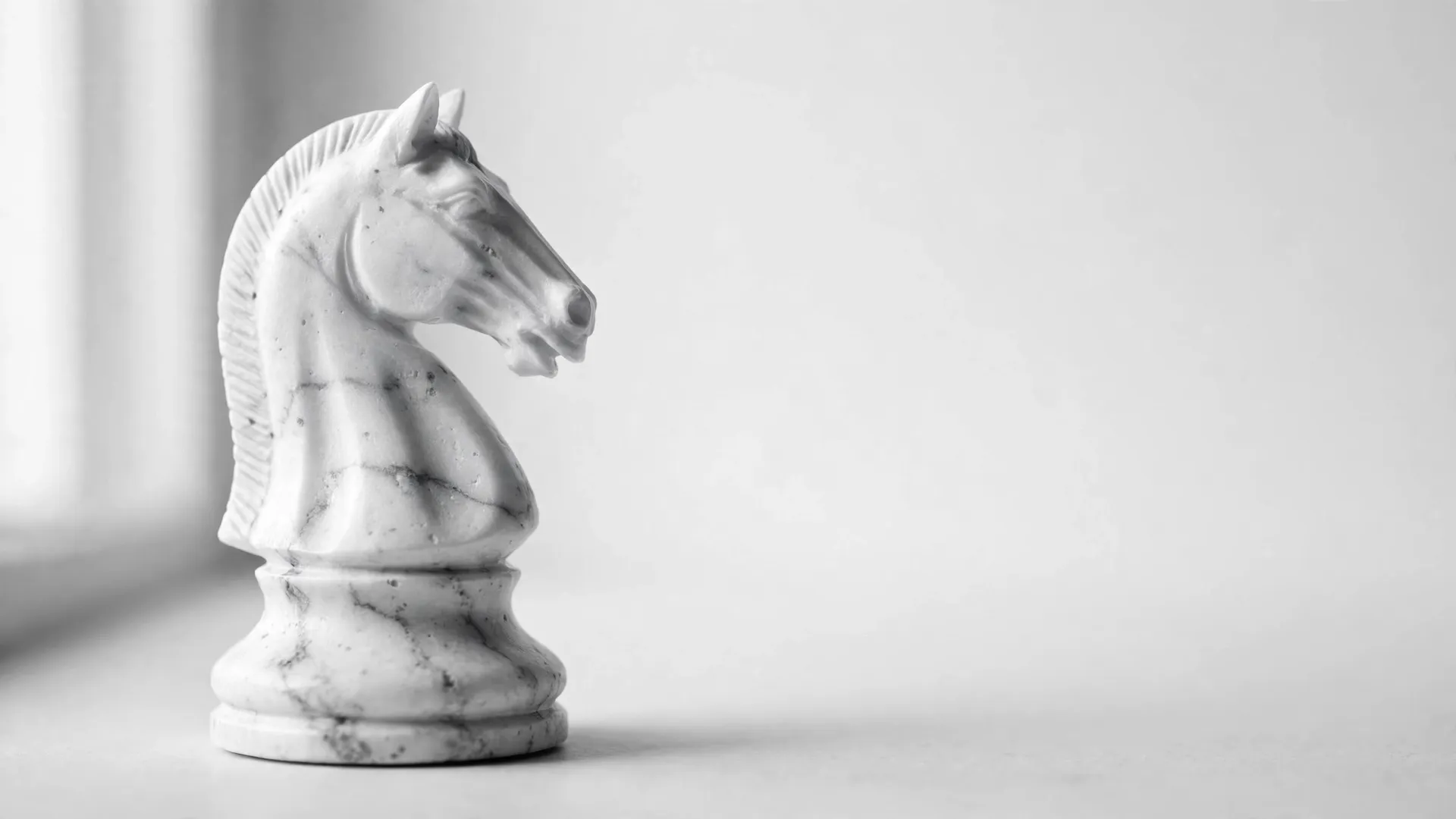 A white marble chess knight in soft window light