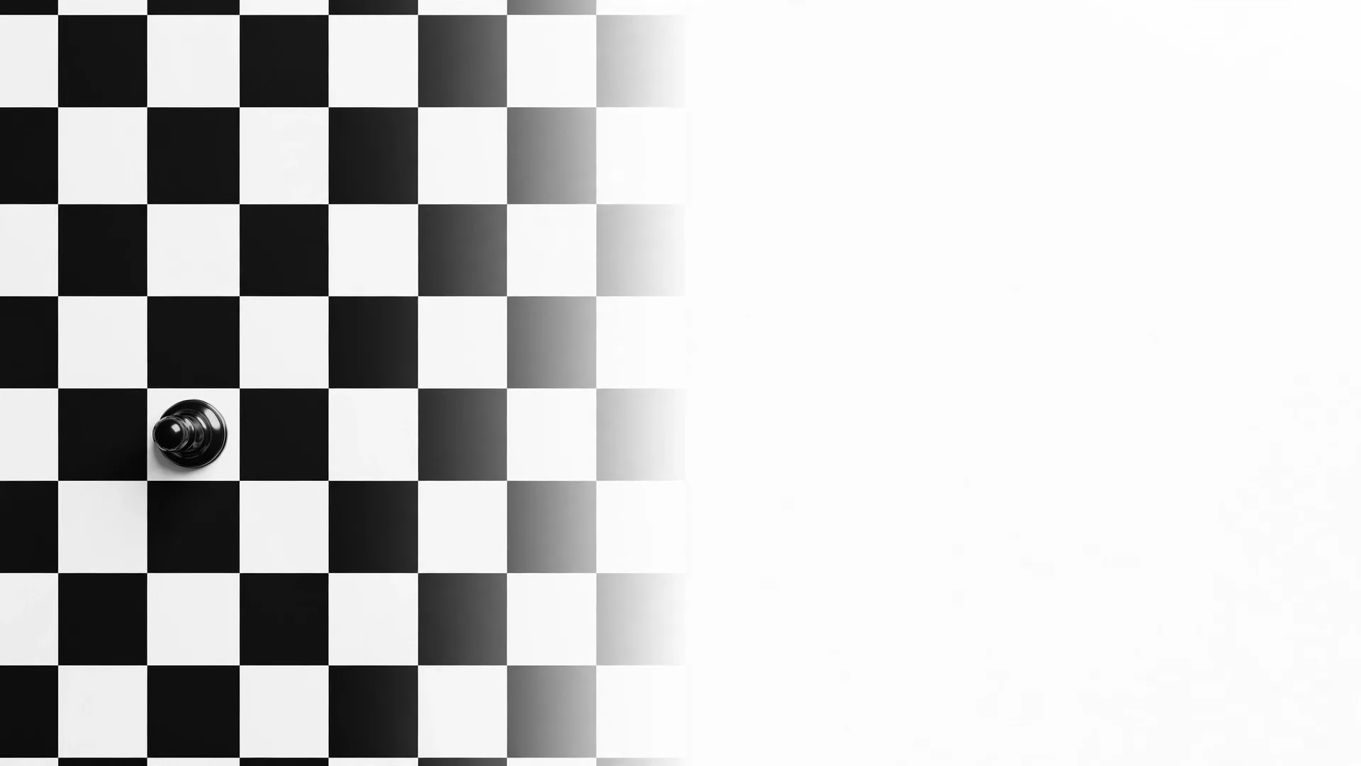 A single black pawn on a black and white chessboard, seen from above