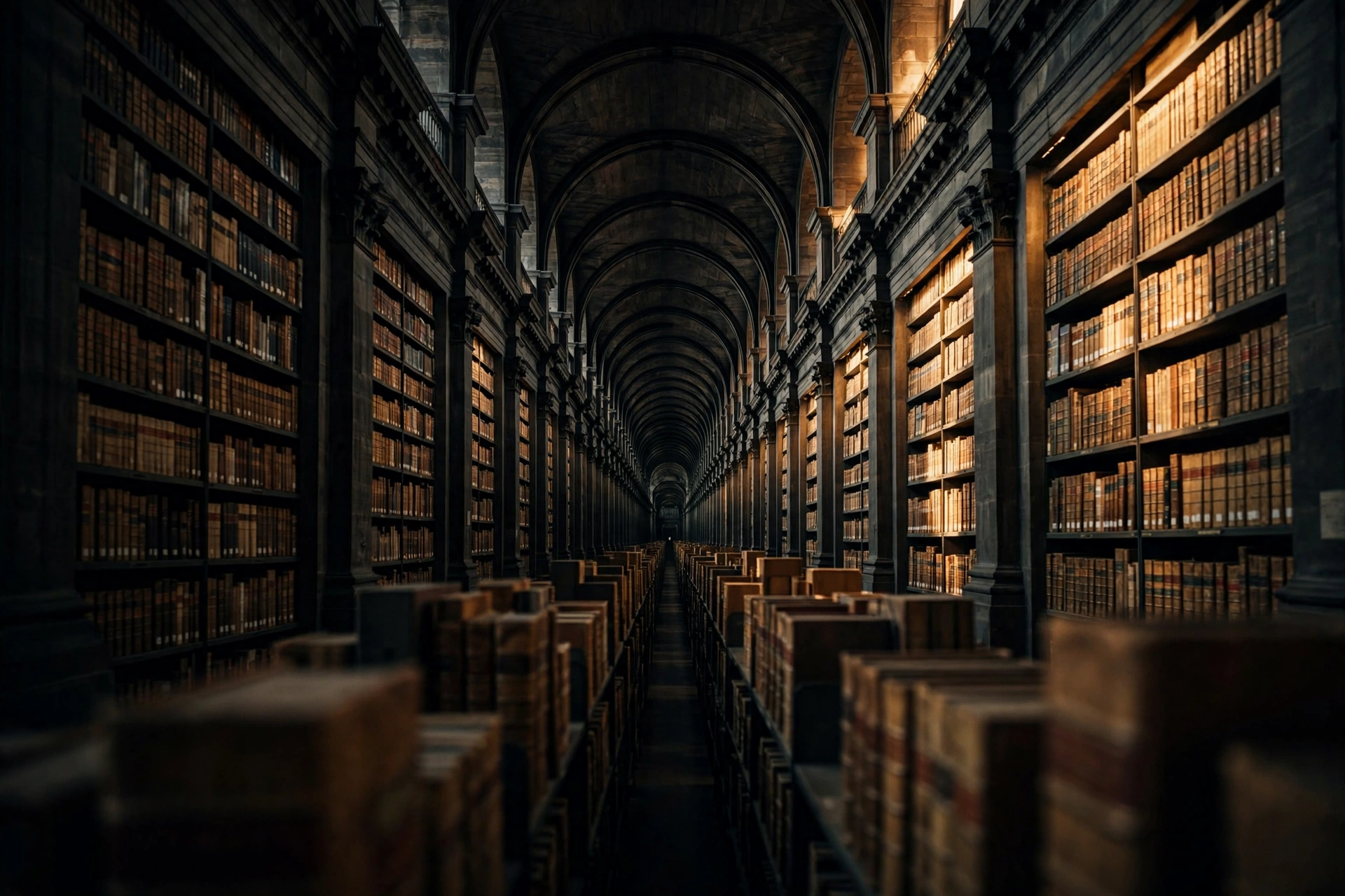 Endless receding rows of bound legal volumes in a monumental archive corridor.