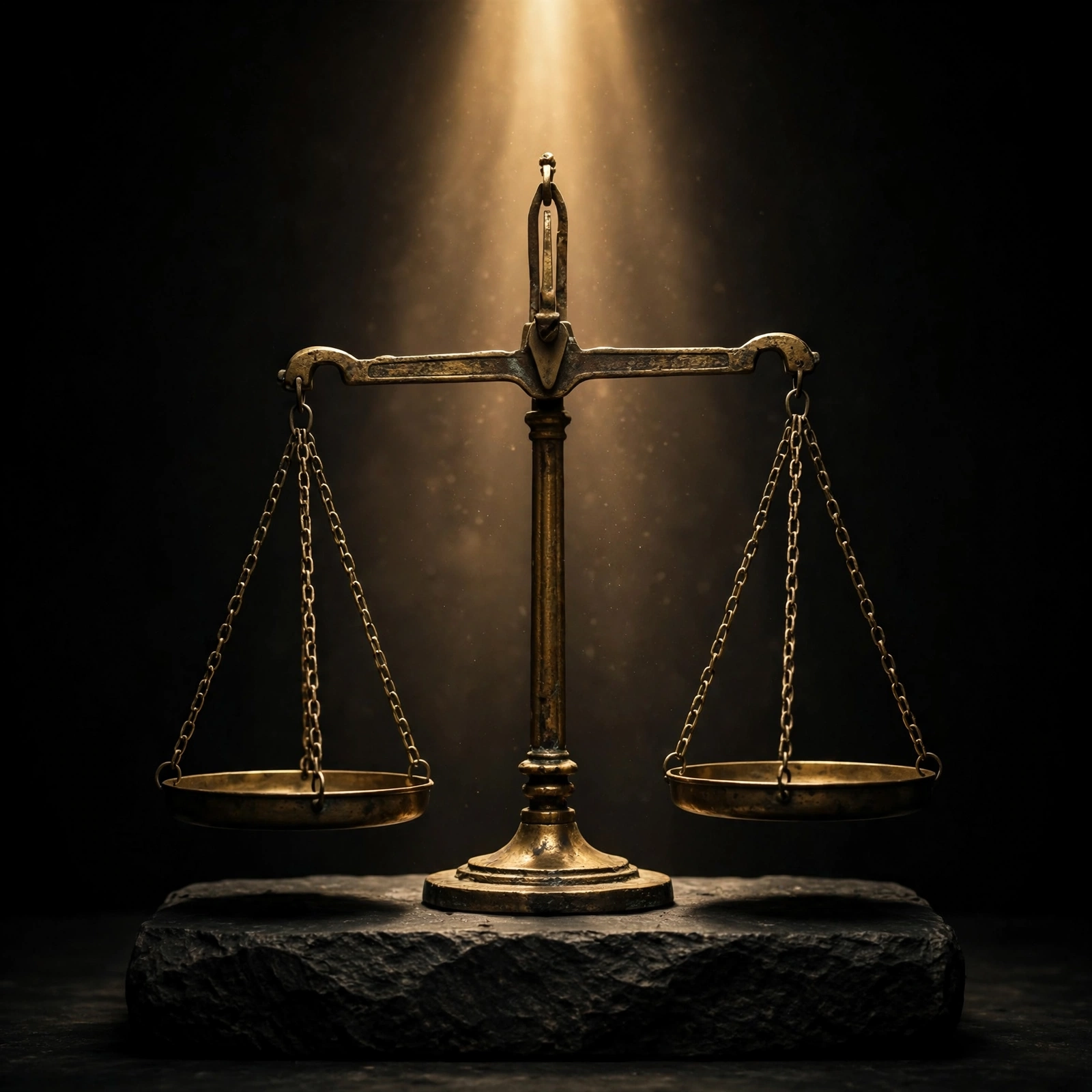 A heavy brass balance scale resting perfectly level on a dark stone plinth under a single beam of light.