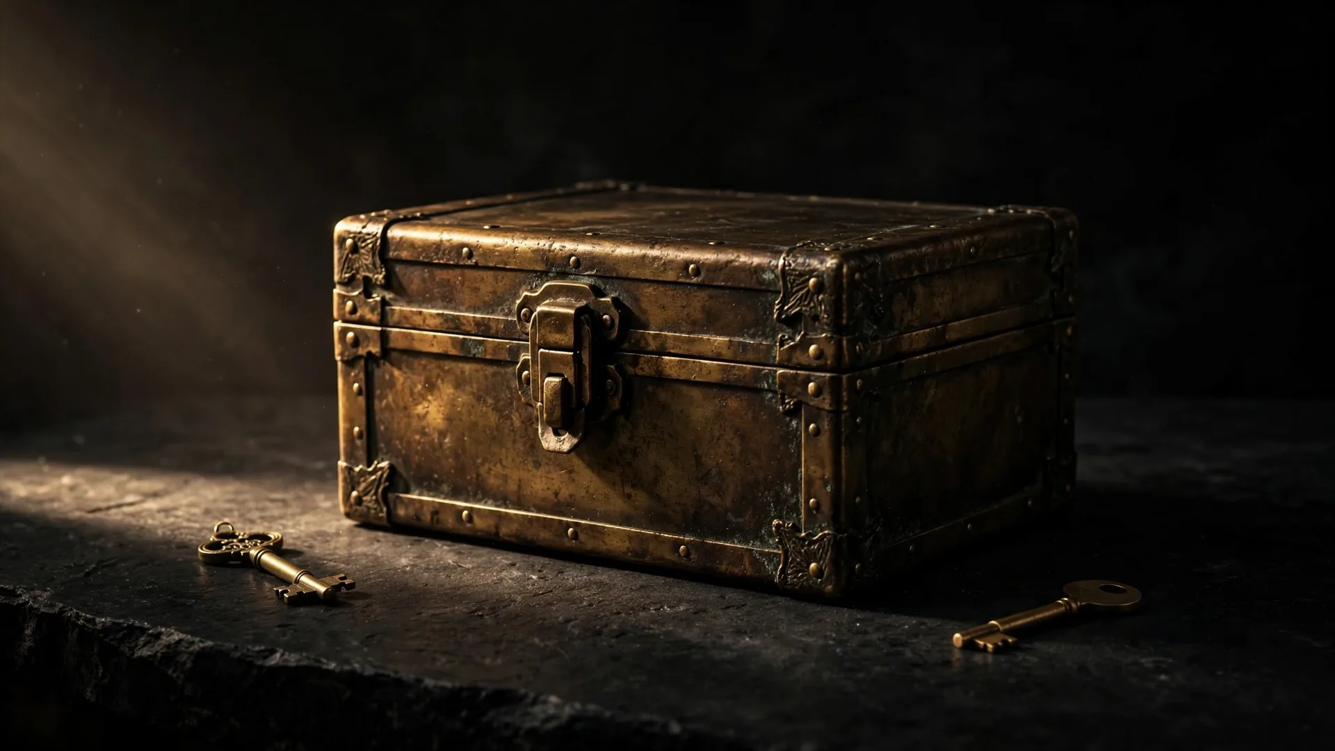 A sealed brass strongbox on black stone, two keys lying apart from it, neither one in the lock.