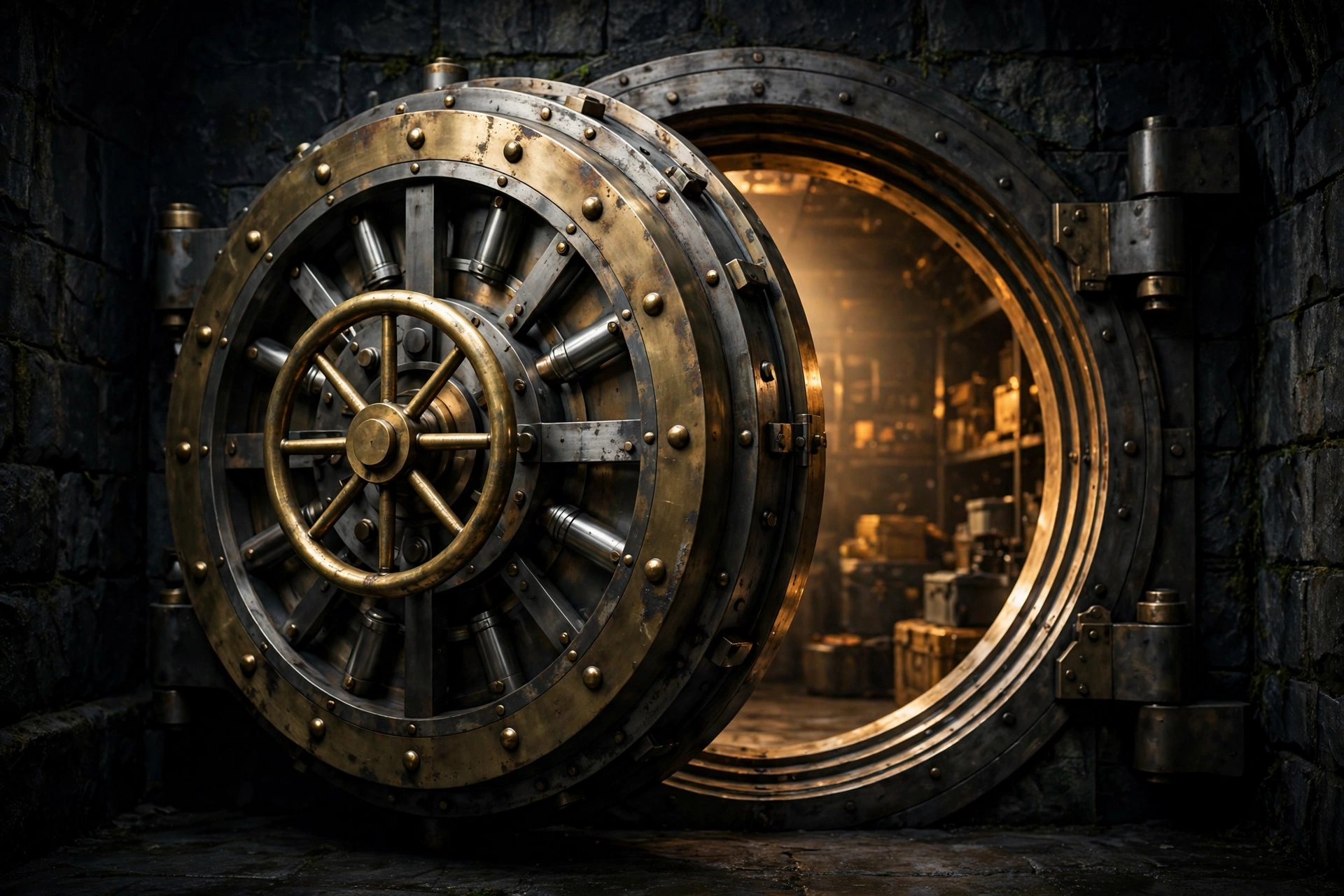 A massive round steel and brass vault door standing half open, warm light glowing inside.