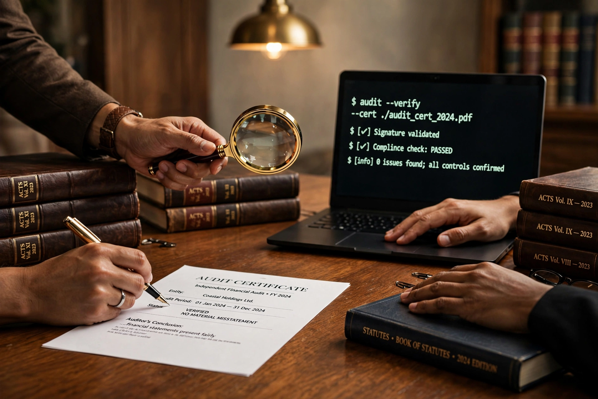 Four hands meeting over a polished oak conference table between leather-bound Act volumes, fountain pen, brass magnifier and a closed laptop showing a dark-mode terminal.