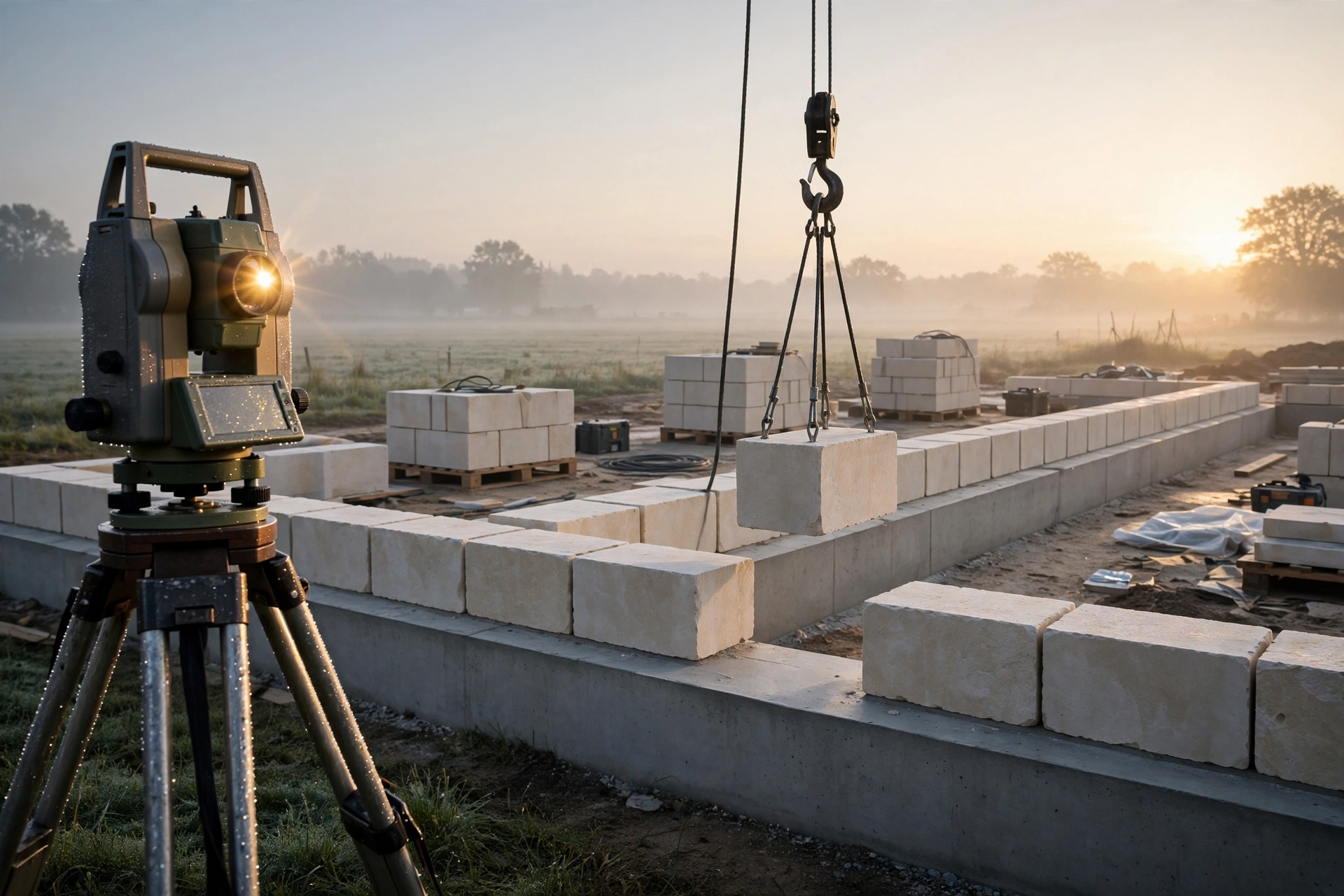 Foundation stones being laid in soft dawn light, a row of identical pale limestone blocks aligned on a perfect concrete base, a surveyor's theodolite on a tripod in the foreground.