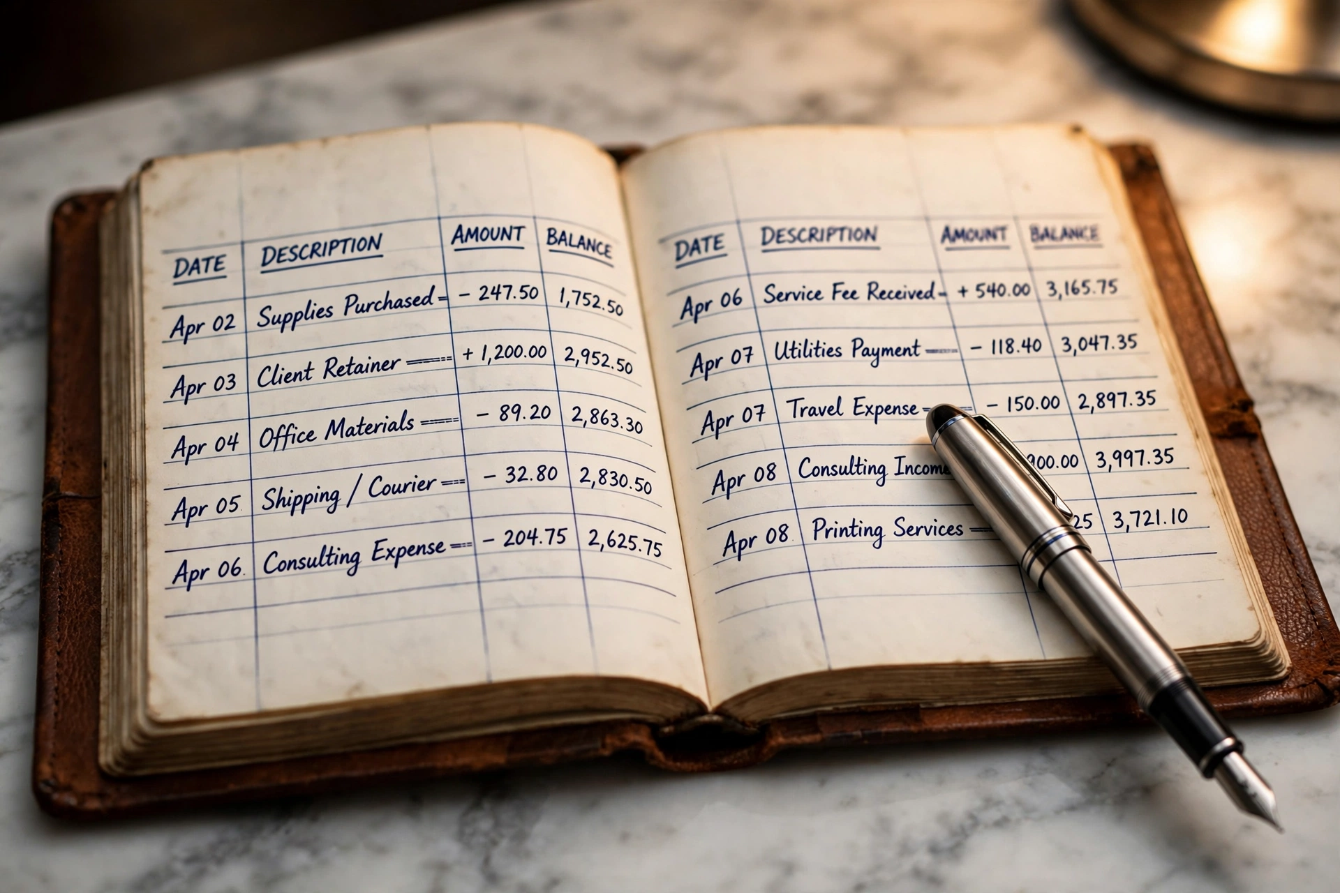 An opened leather-bound ledger with handwritten entries in deep blue ink in perfectly ruled columns, a modern fountain pen across the right page, warm tungsten desk-lamp light on marble.