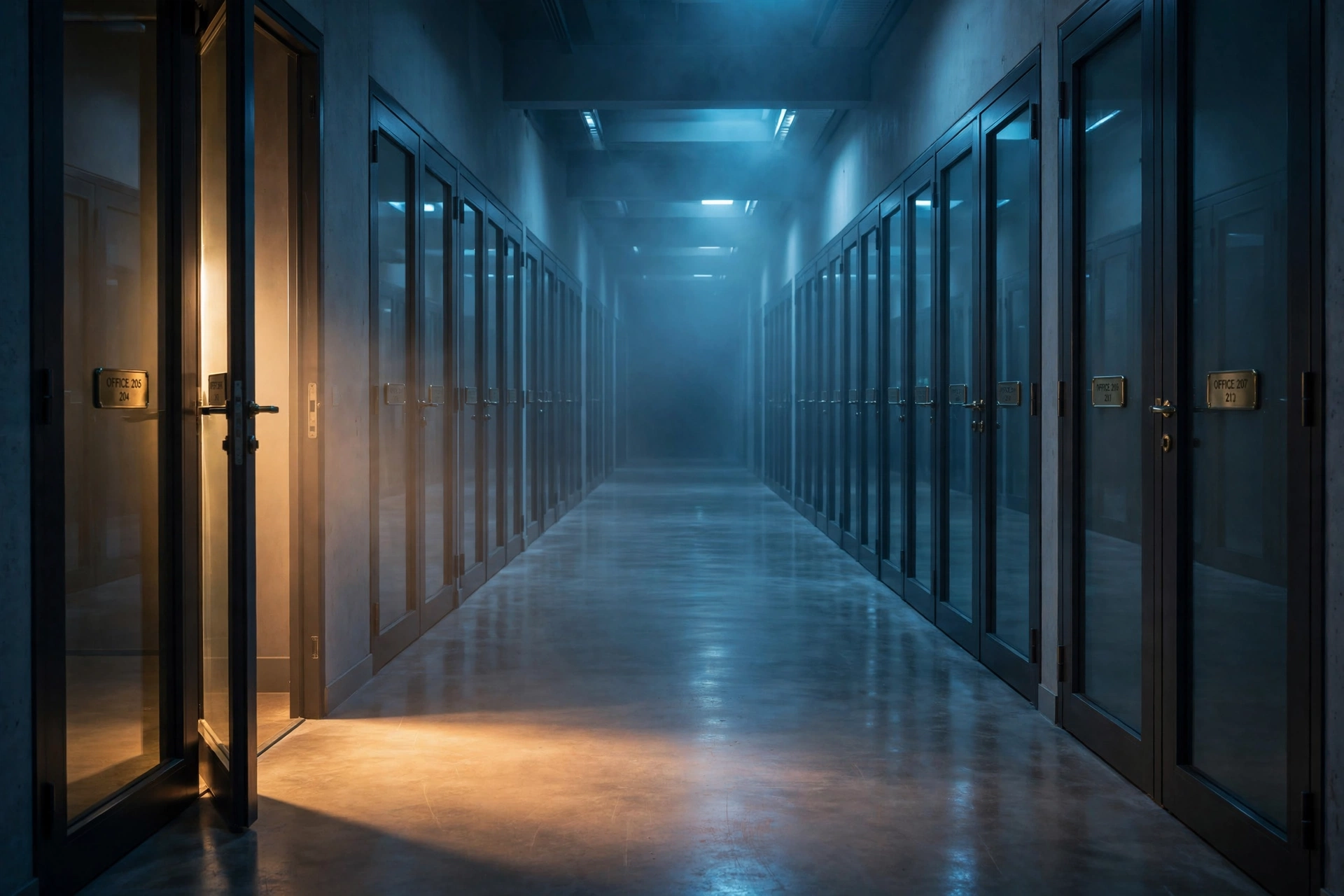 A long hallway lined with identical closed glass doors with brass nameplates, the nearest door slightly ajar spilling warm light across polished concrete.