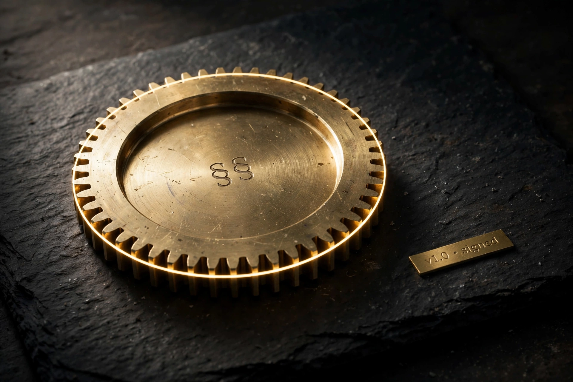 A polished brass cogwheel engraved with '§§' on dark slate, a thin line of golden light wrapping the rim, a small engraved nameplate reading 'v1.0 • signed' beside it.