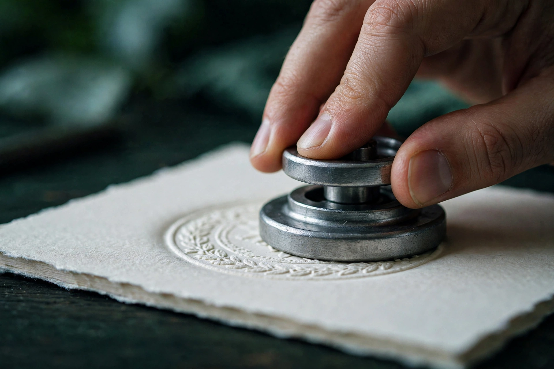 A hand presses a heavy steel embossing seal into a thick sheet of cream paper.