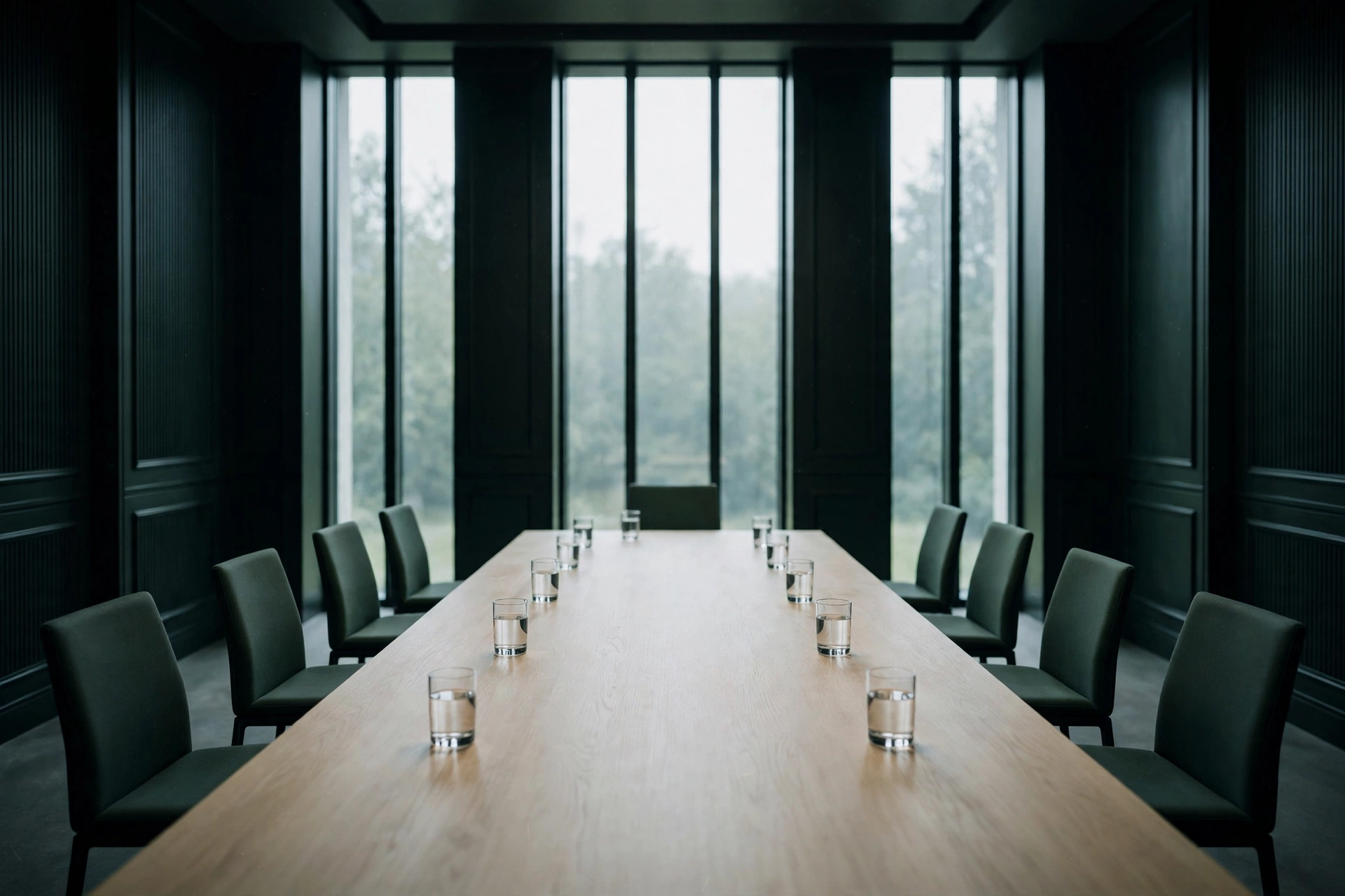 An empty hearing room, a long table with identical chairs set evenly on both sides and a glass of water at each place.