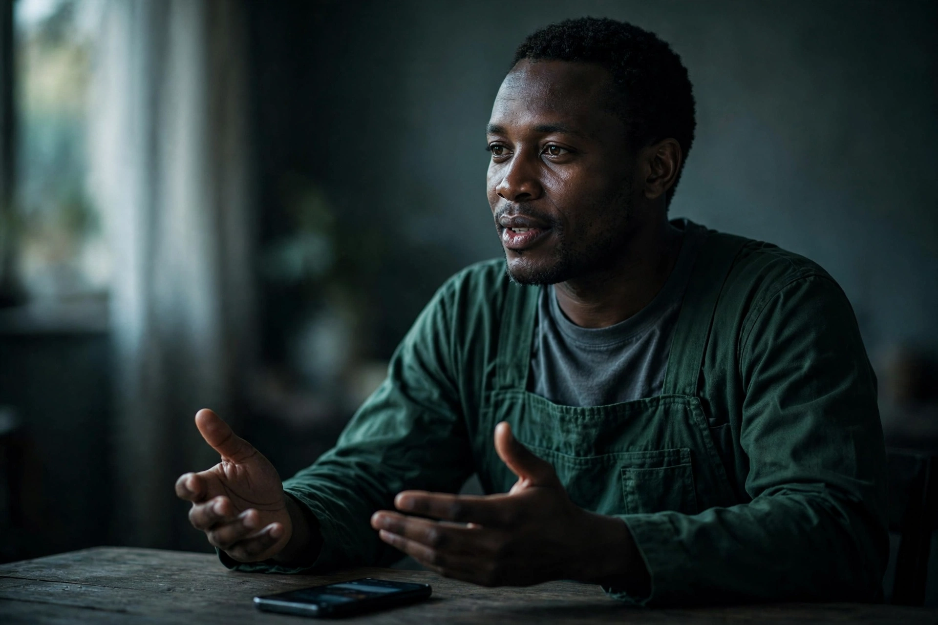 A man in work overalls speaks calmly at a table, hands open in explanation, a phone lying on the table in front of him.