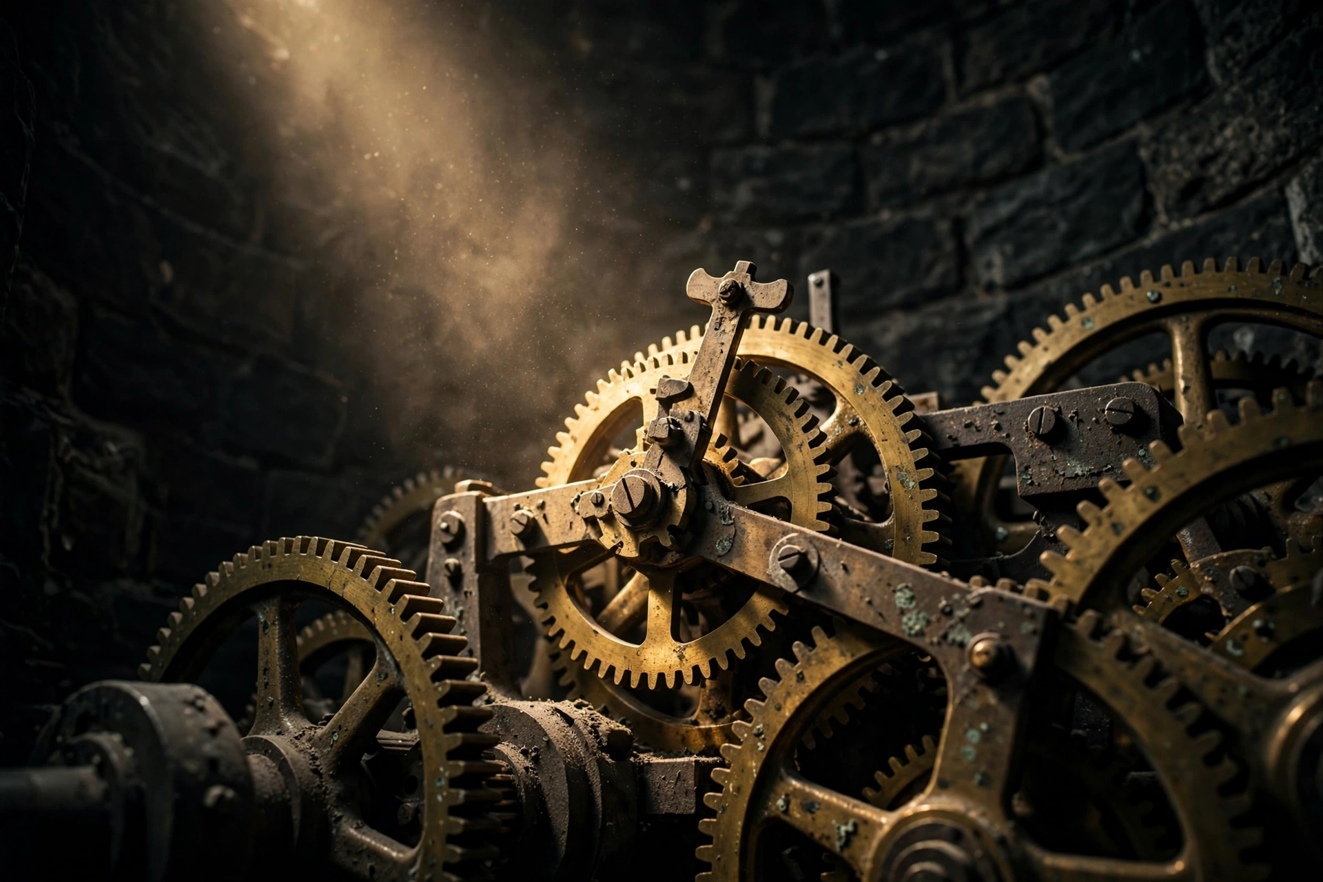 The brass gears of an old courthouse clock mechanism, lit by a single beam of light.