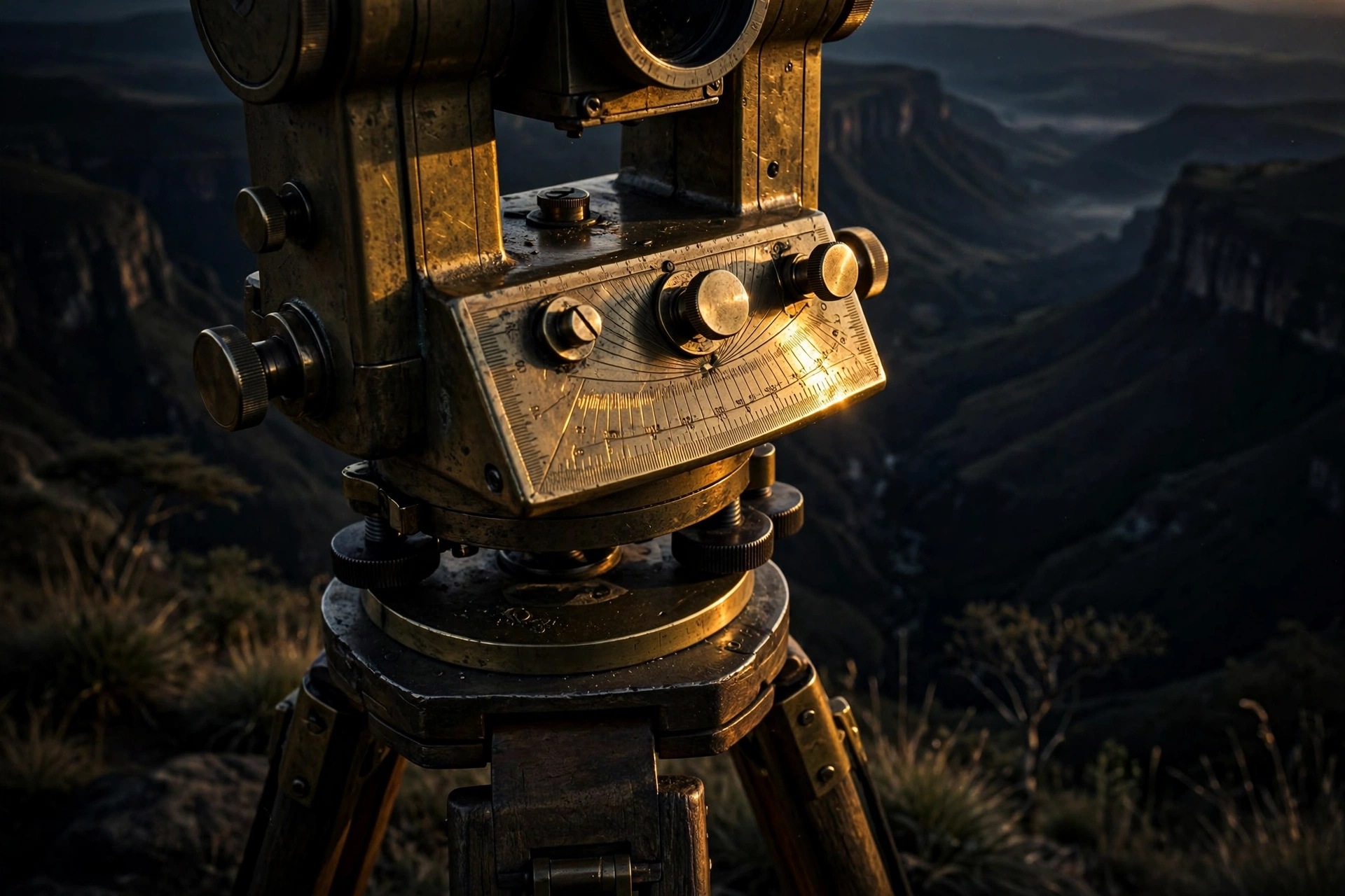 An antique brass theodolite on a tripod on a high ridge at first light, a dark valley falling away behind it.