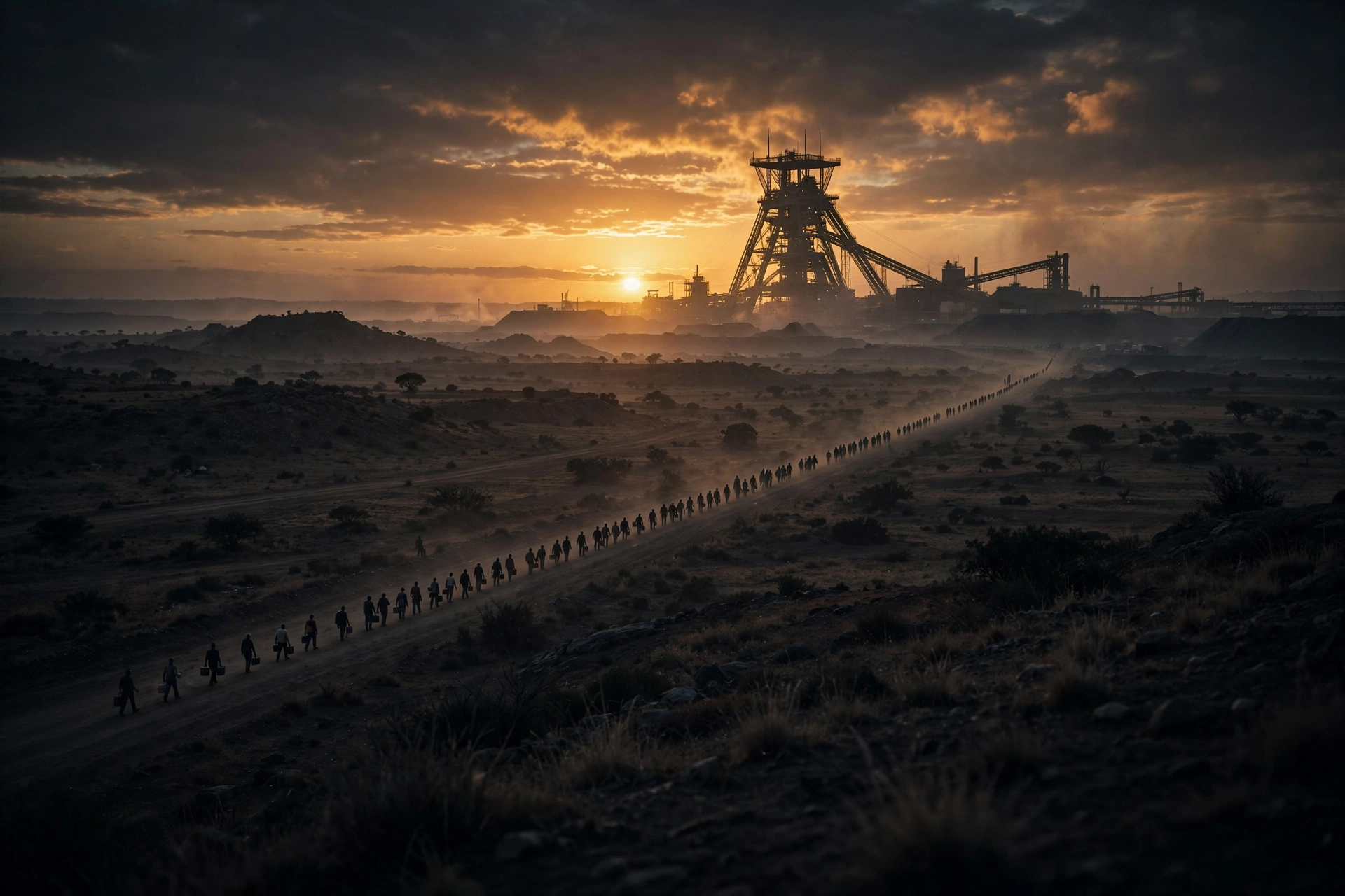 A long line of workers walking at dawn toward a mine headframe silhouetted against a gold horizon.