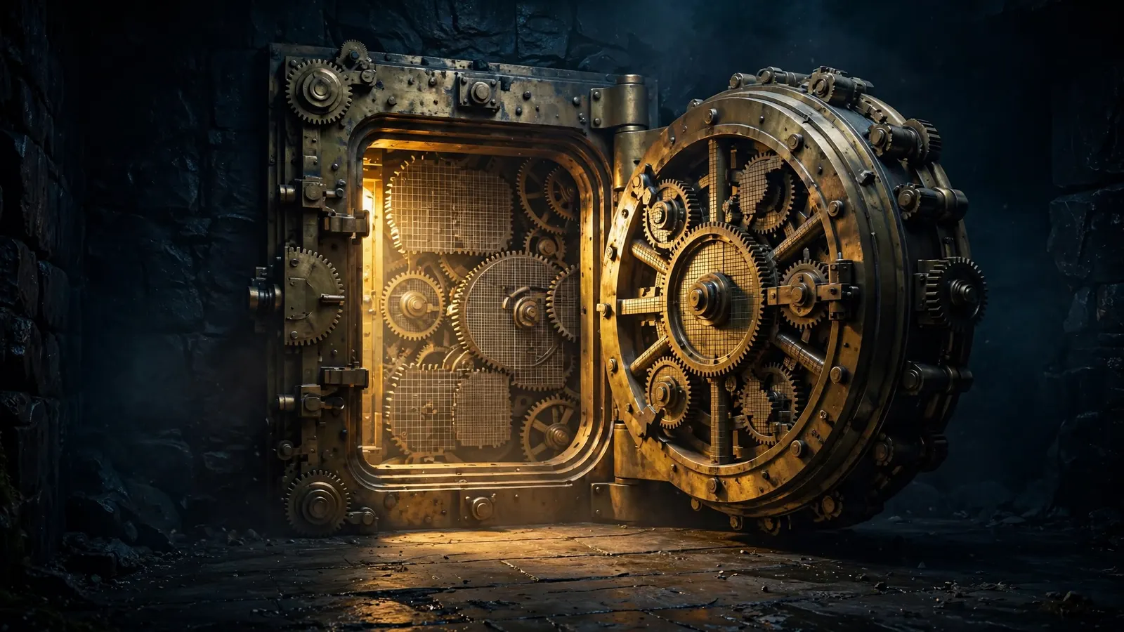 A brass vault door, open a crack, with ledger-ruled gears inside