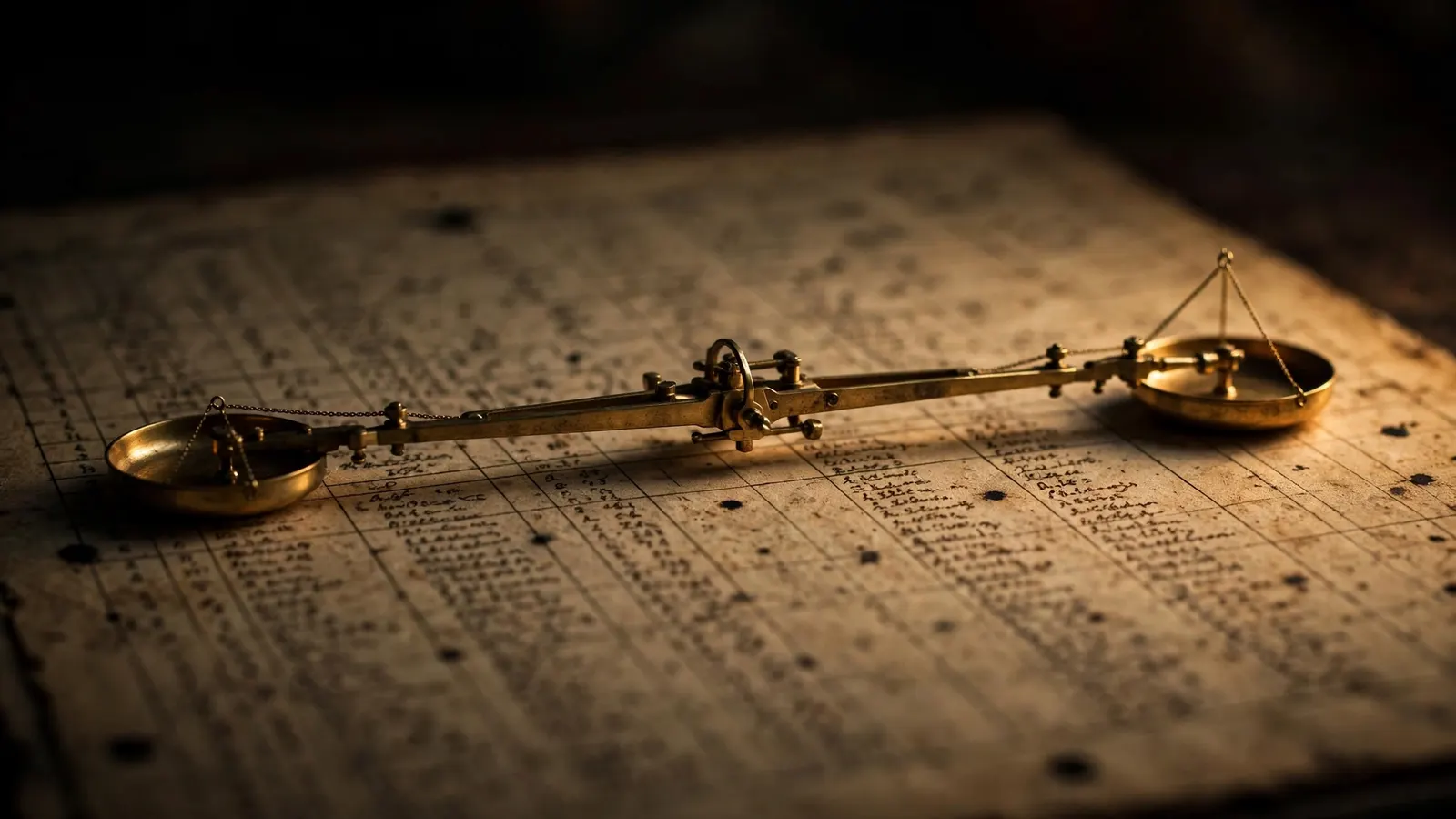 A brass balance resting level across a ruled ledger