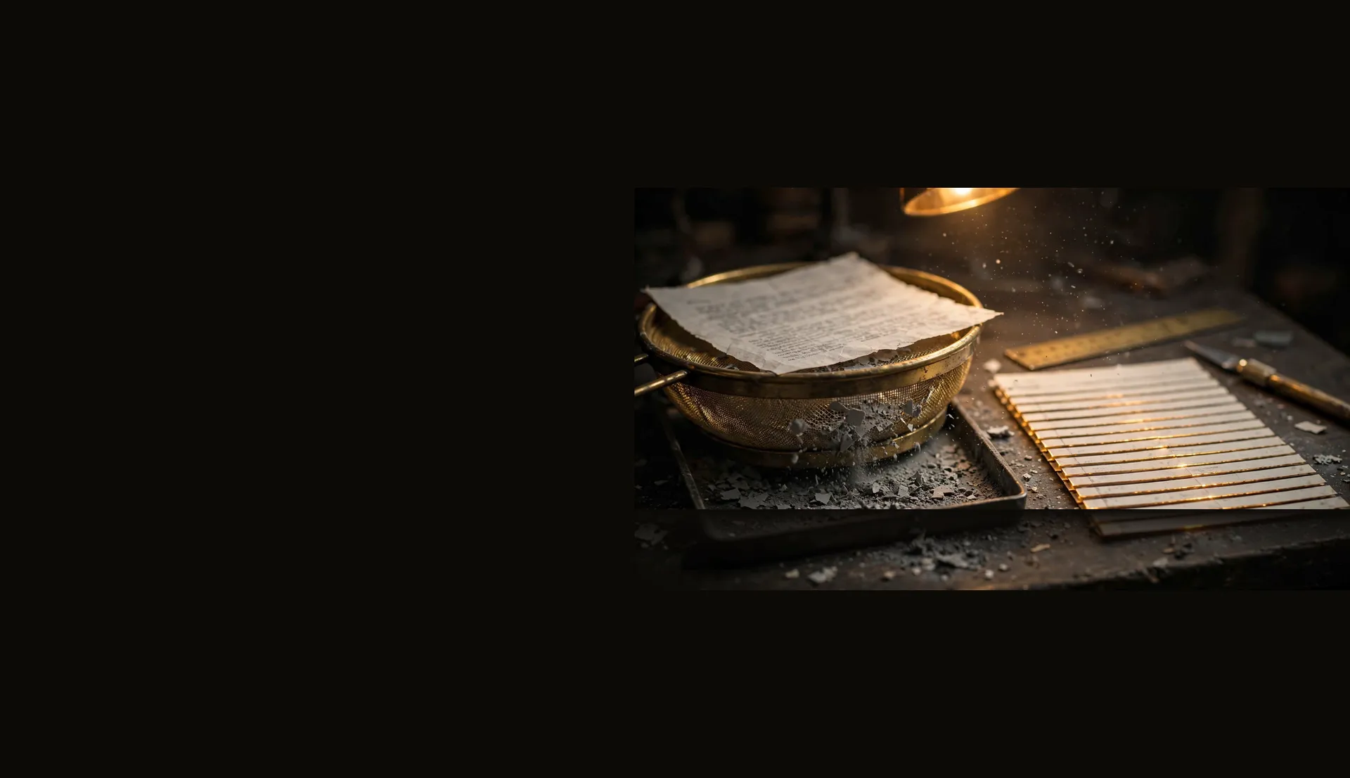 A scanned legal page on a brass sieve, grit and broken letters falling through the mesh, and beside it the clean page cut into even strips like small gold bars.