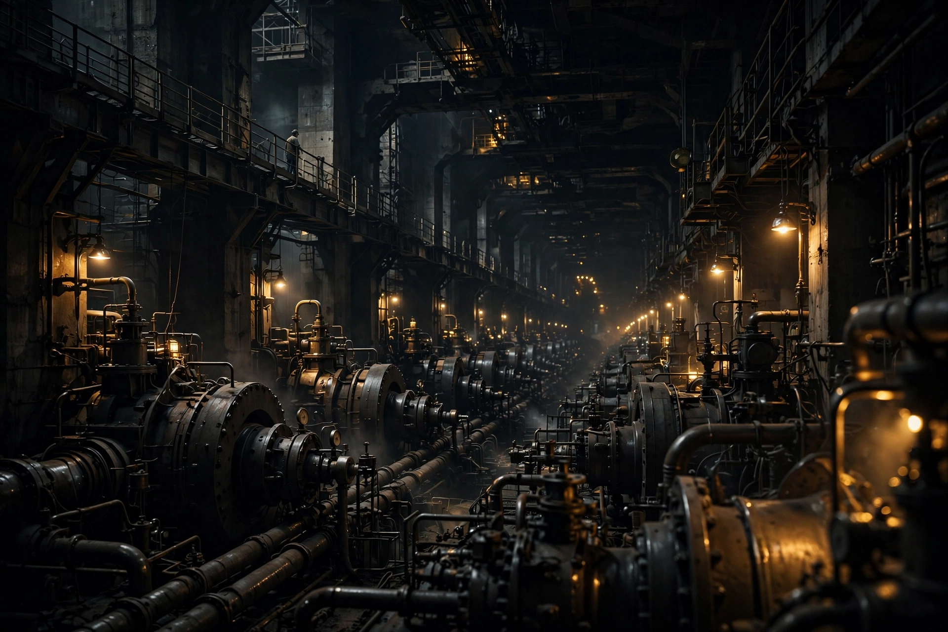 A monumental underground turbine hall, enormous machines receding into the distance, a lone engineer on a gantry.