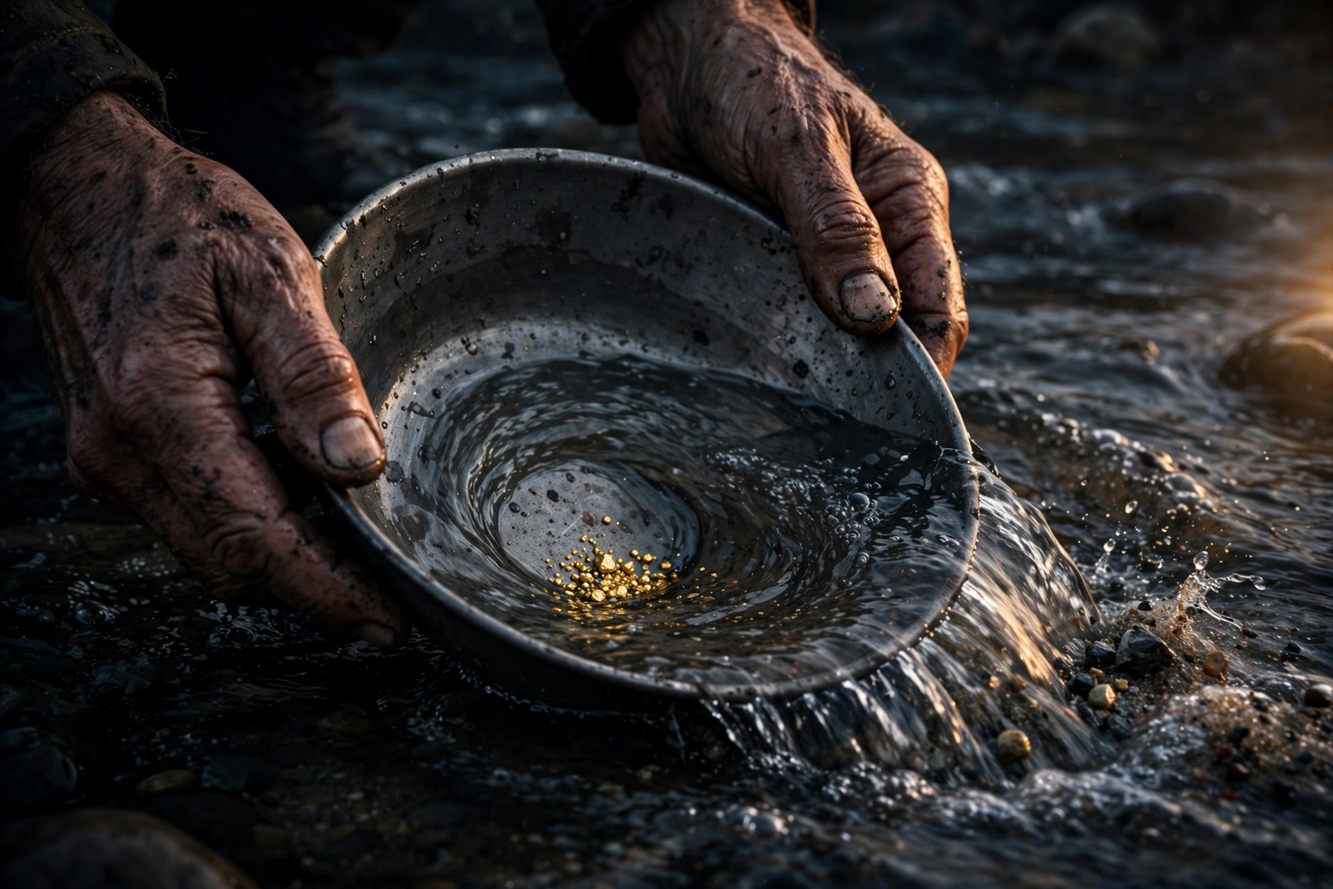 Weathered hands holding a gold pan in a river at first light, water washing away gravel to reveal bright grains of gold.