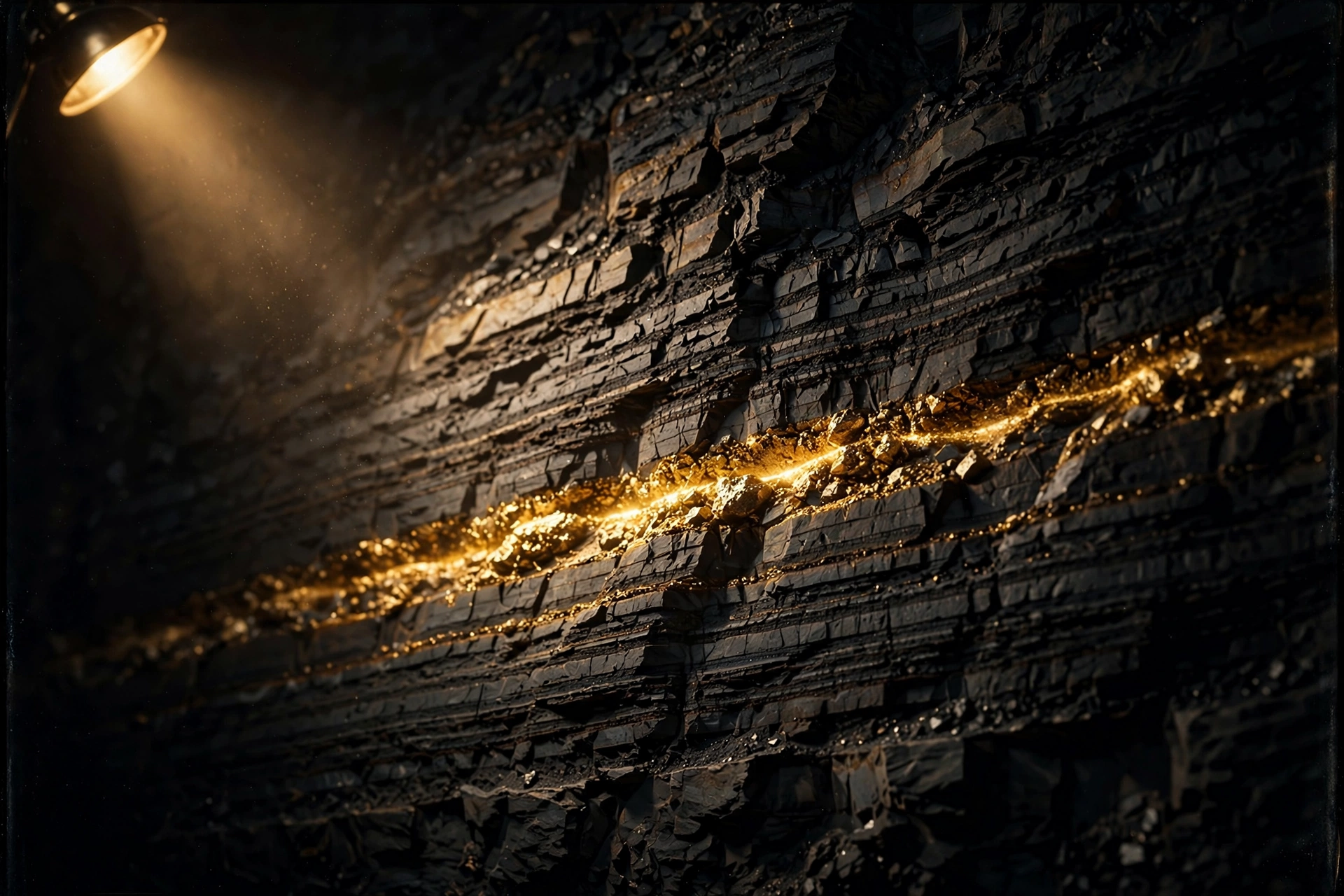 A mine rock face cut in cross section, layers of stone with a bright seam of gold ore lit by a single lamp.